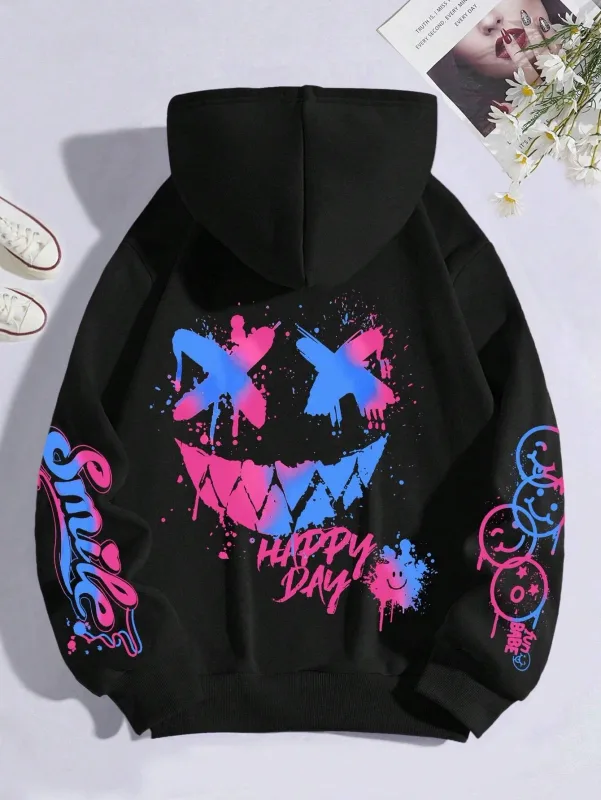 Novo outono masculino personalizado rosto sorridente impressão confortável respirável moletom com capuz ao ar livre moda de rua com capuz sweatshi — image 2