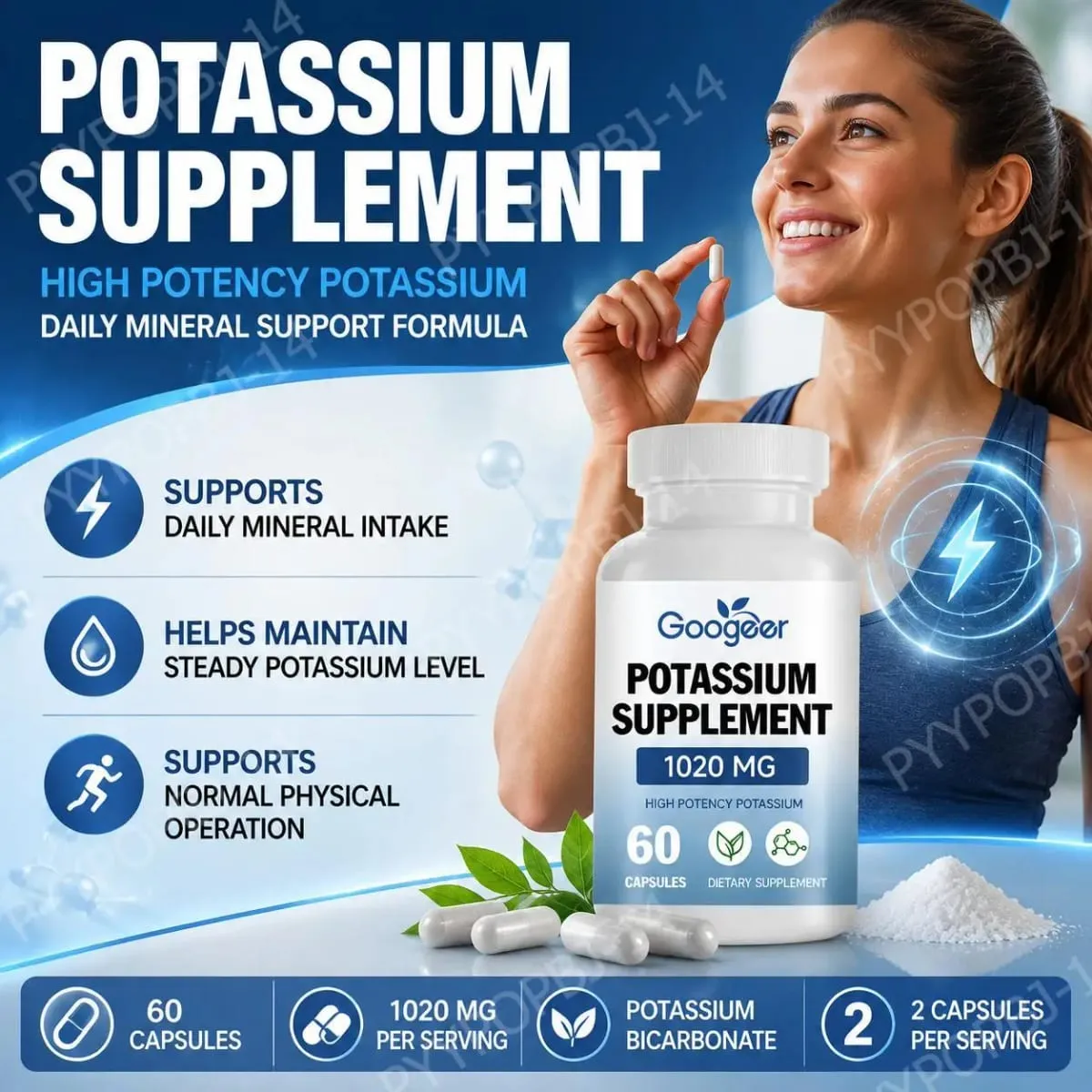 Cápsulas de suplemento de potássio Googeer para suporte diário de lacuna mineral 1020 mg equivalente a nível de potássio estável 60 cápsulas — image 2