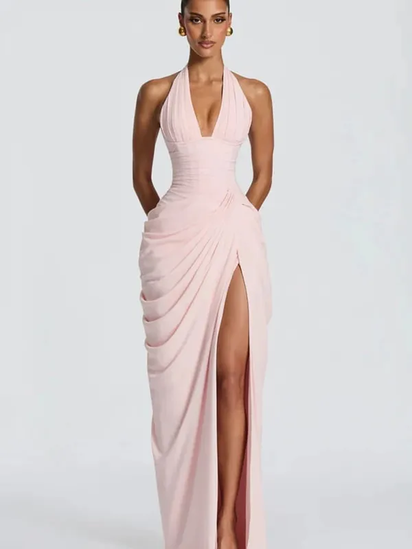 Elegant Solid Pleated Halter Women's Dress Fashion Sleeveless Backless Waist-cinching Split Maxi Dresses Summer Party Gowns 2026 — image 9
