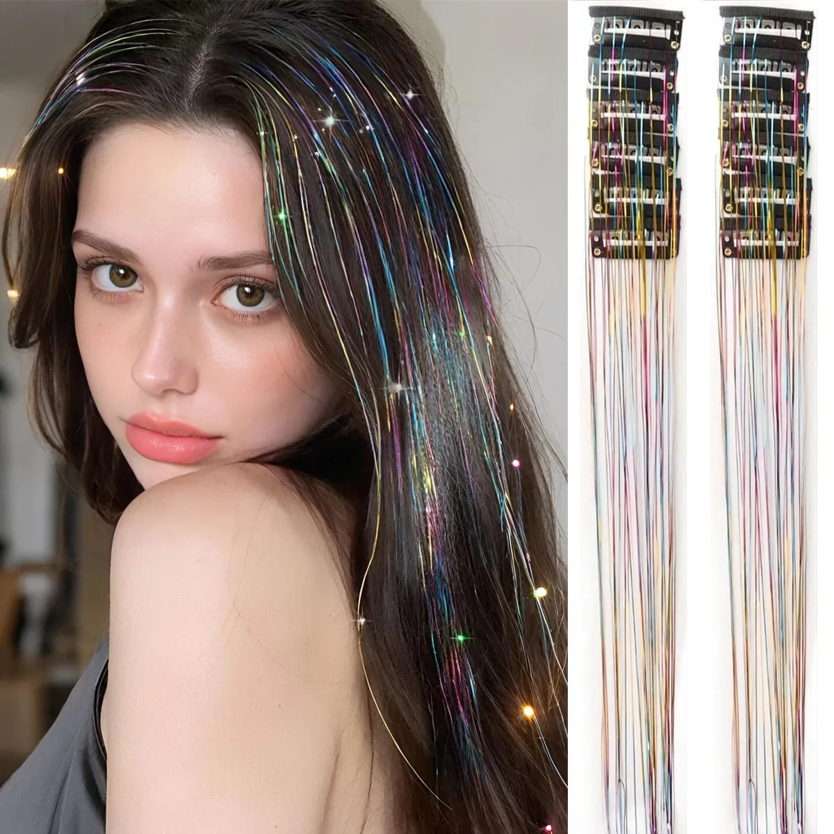 12Pcs Synthetic Hair Tinsel Clip in 20Inch Glitter Tinsel Hair Clip in Hair Tinsel Kit Heat Resistant Shiny Sparkle Fairy Hair — image 11
