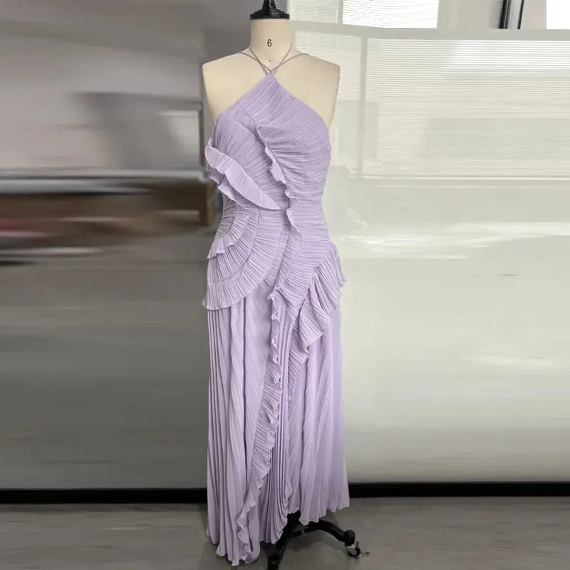 Elegant Neck Strap Ruffles Evening Gown Solid Folds A Line Lace Up Backless Sexy Party Dress 2025 Bagong Party Bakasyon Y2k Robe
