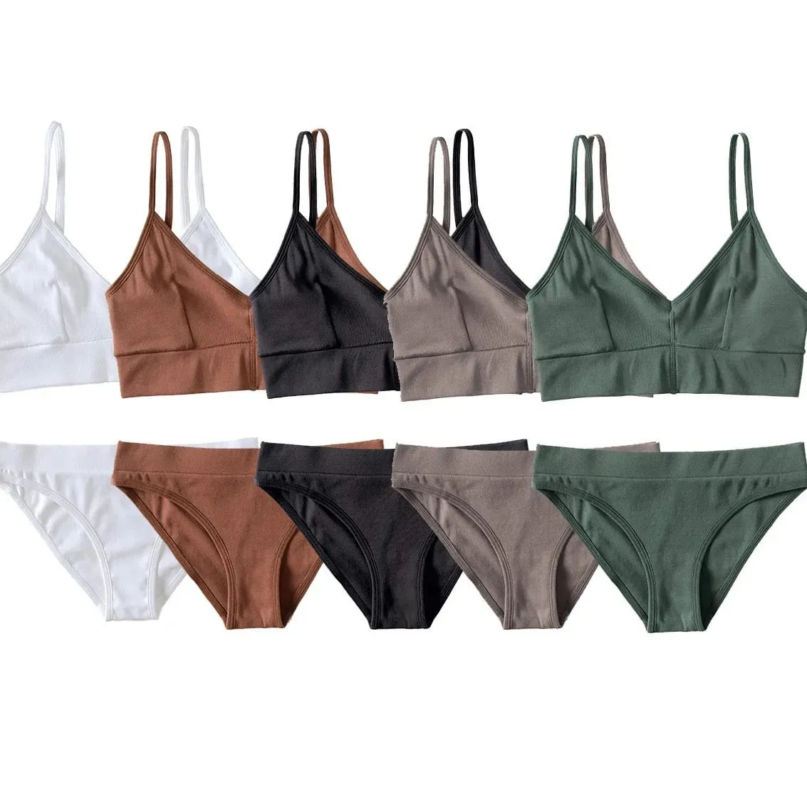 Solid Color Ribbed Wireless Bralette Set Women's Thin Strap Camisole Bra with Triangle Briefs Lingerie — image 5