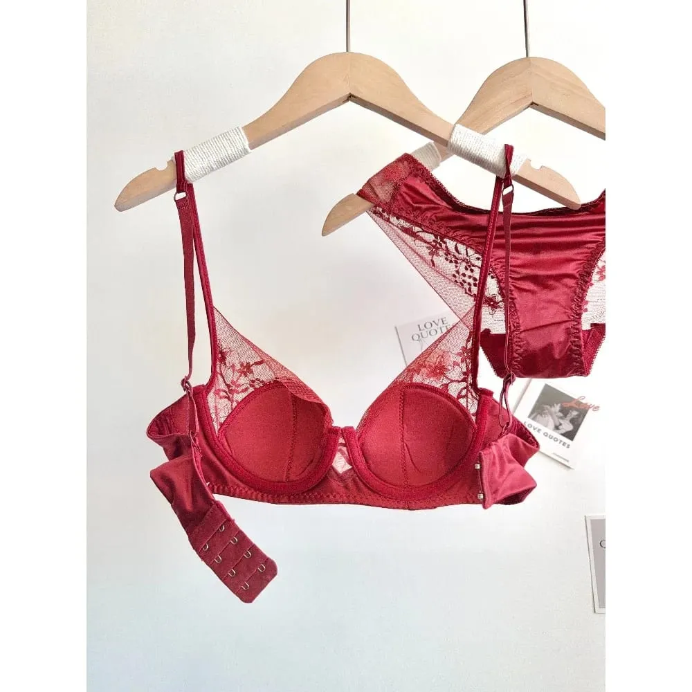 Elegant Lace Lingerie Set Women Soft Underwire Thin Cup Push‑Up Bra Panty Suit For Small Bust Size 32‑38 Daily Home Underwear