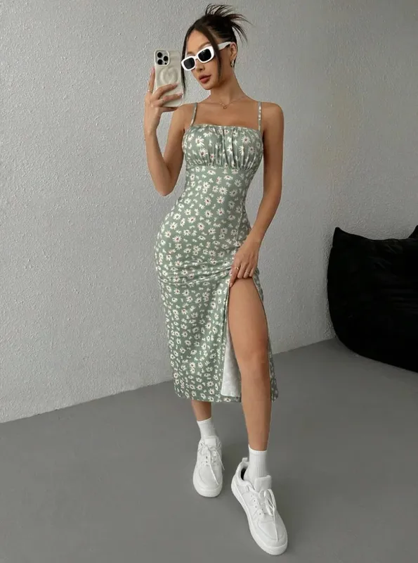 Y2K Elegant Women's Clothing SummerTrend Flower Print Spaghetti Strap Sleeveless with High Slit Ladies Bodycon Vintage Dresses
