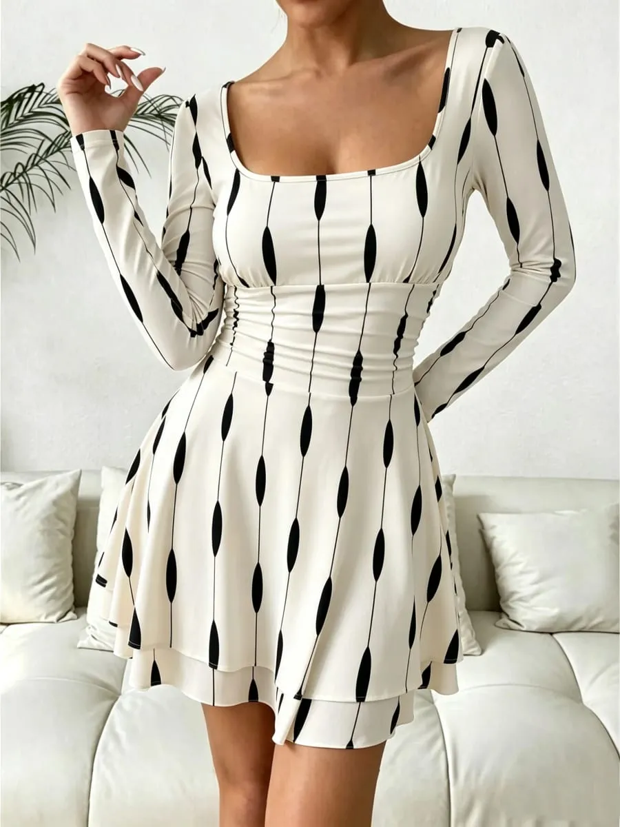 Autumn Geometric Print Mini Dress Women's Sexy Square Neck Long Sleeve Waist Cinched A-Line Skirt Length Fashionable — image 4