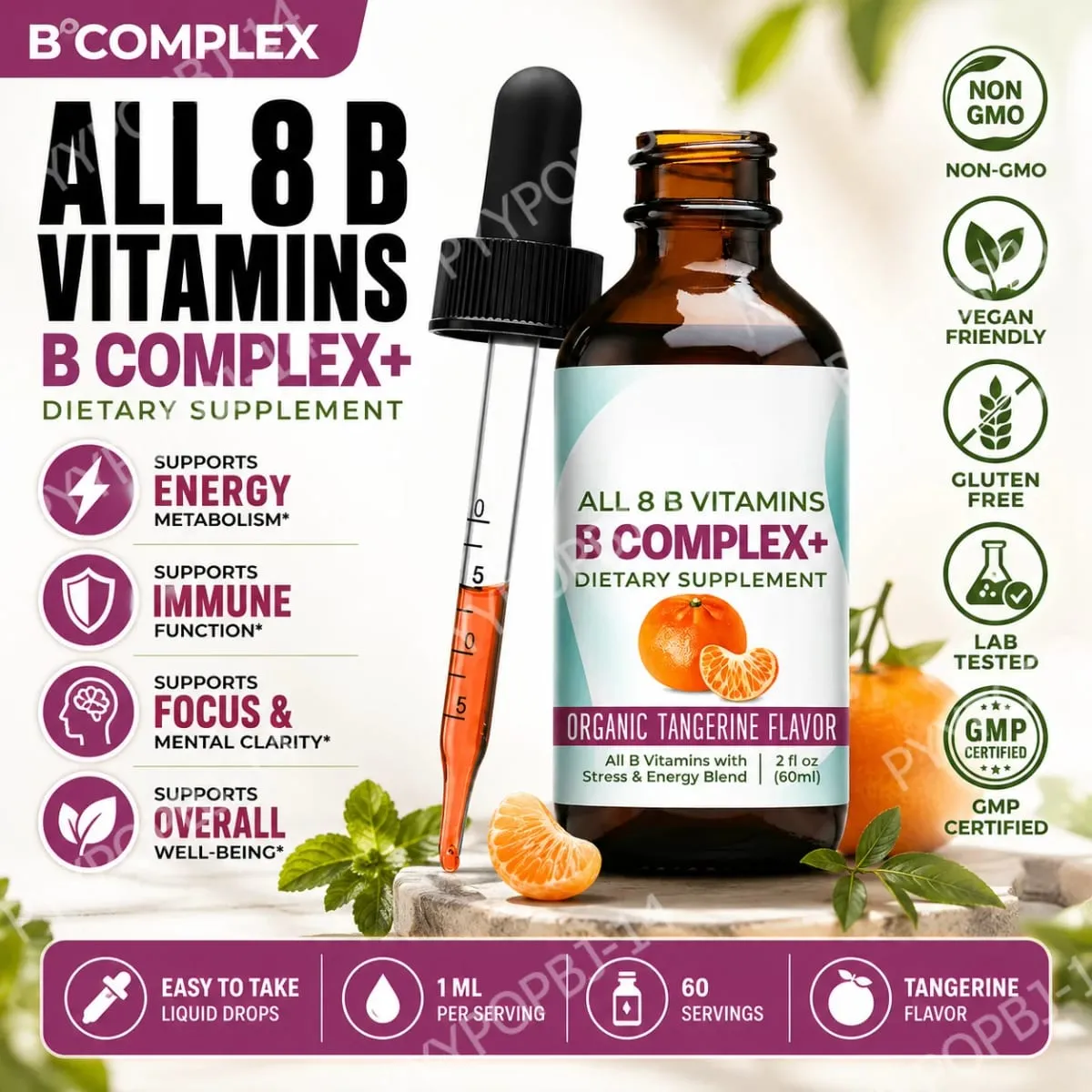 Vitamin B Complex Liquid Drops Supplement Vegan B1 B2 B3 B5 B6 Biotin Folate and Choline Plus Blend for Energy Support 60ml — image 2