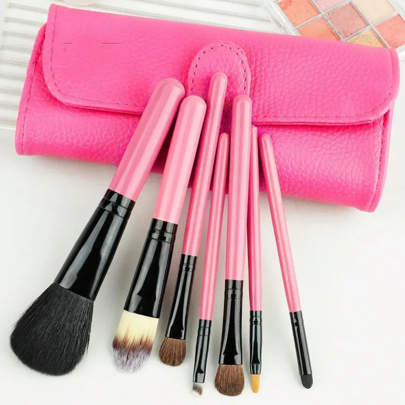 7 Pcs Pink Makeup Brush Set With Leather Case Foundation Blush Eyeshadow Brushes Portable Cosmetic Make‑up Tools Kit — image 7