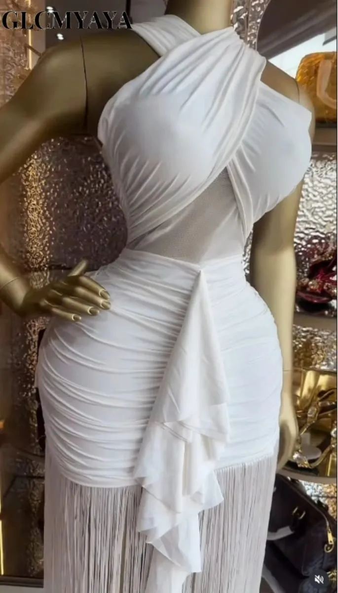 CM.YAYA Women Wraped Halter Neck Tassel Patchwork Stacked Midi Bodycon Maxi 2026 Spring Summer Holiday Party Trendy Long Dresses — image 2