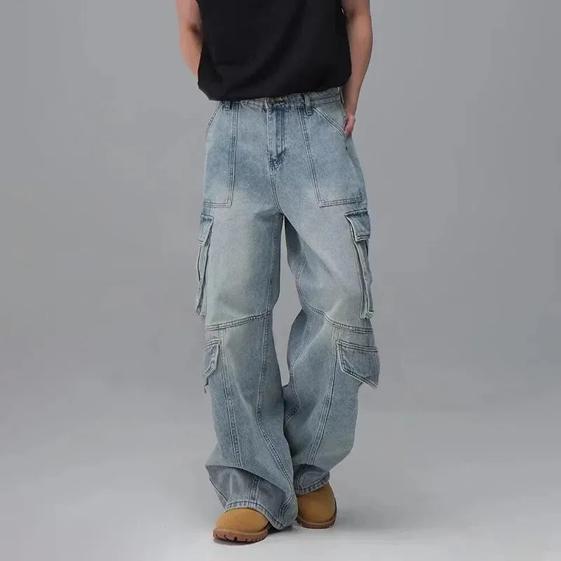 Men'S Spring And Summer Multi Pocket Workwear Design Jeans Retro Washed Japanese And Korean Casual Pants Loose Wide Leg Pants — image 6