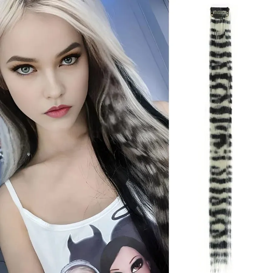 Stripe Printed Clip in Hair Extensions Colorful Synthetic Hair Highlights 18 Inches Straight Wig Hairpieces for Daily Use Party