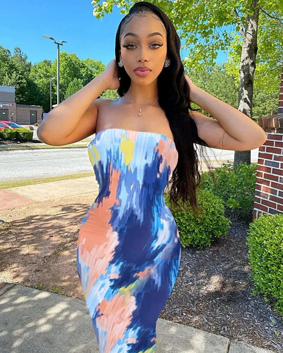 Vår/sommar kvinnors färgglada Tie Dye Print Off Shoulder Wrapped Chest Dress — image 6