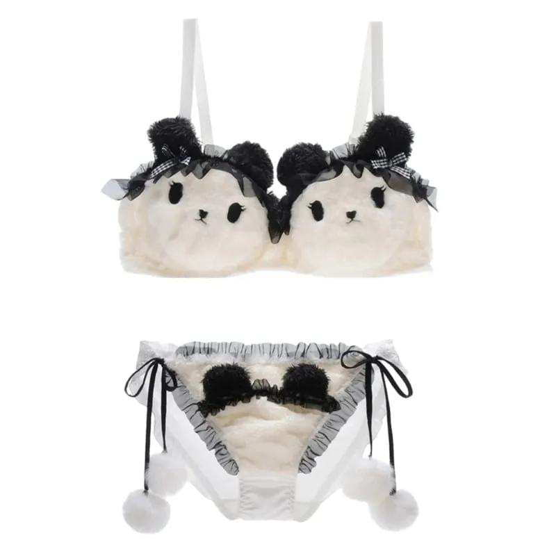 Conjunto de calcinha e sutiã de pelúcia peludo feminino, estampa de panda de desenhos animados, lingerie de inverno, menina escolar, anime japonês, roupa íntima cosplay — image 19