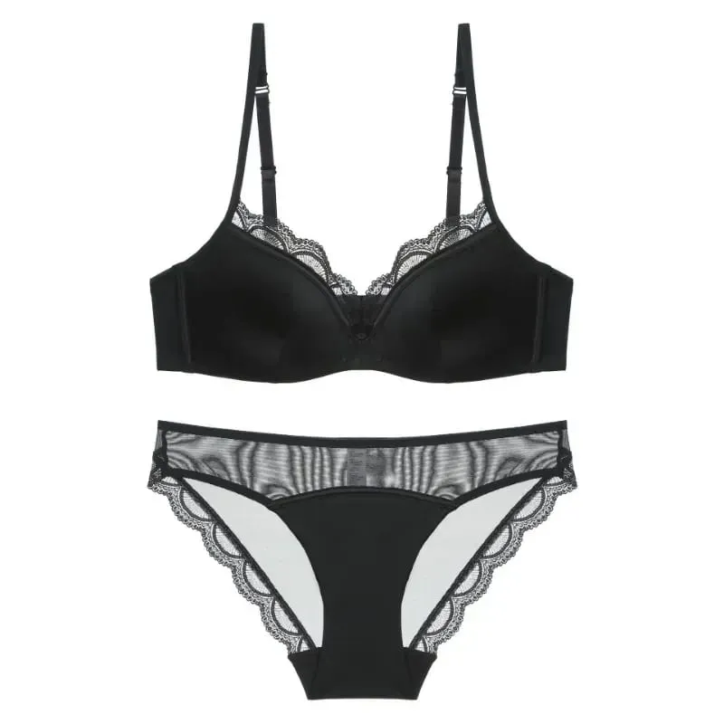Women's Thin Smooth Satin Bra & Briefs Set Summer Solid Lace Decor Anti Sagging Lingerie Bra Sweet Underwear Suit Нижнее Белье — image 4