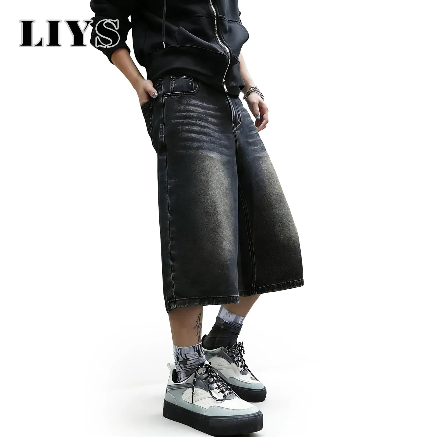 American Retro Classic Black Ultra Baggy Wide Leg Men's Denim Shorts Spring Summer Casual Oversized Jeans Men's Clothes — image 4
