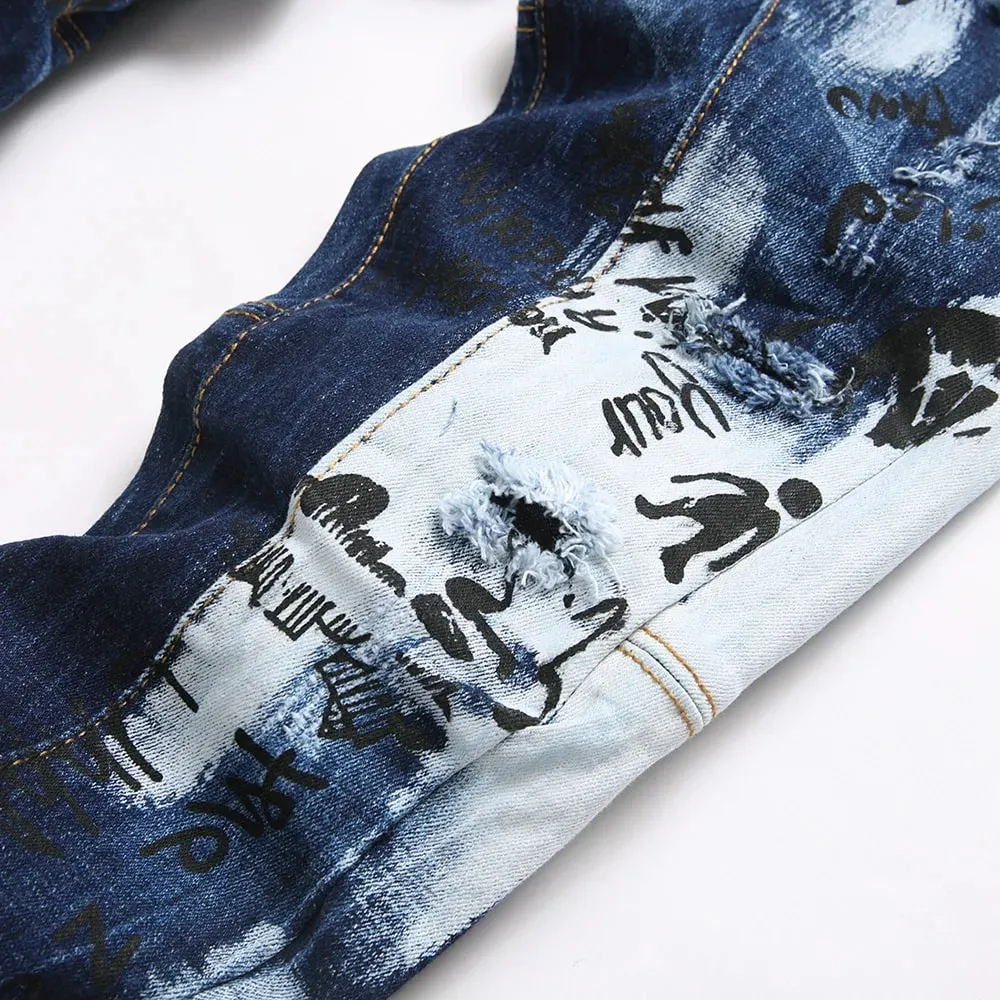 Men Letters Printed Denim Jeans Holes Ripped Patchwork Spliced Pants Button Fly Slim Tapered Stretch Trousers — image 4