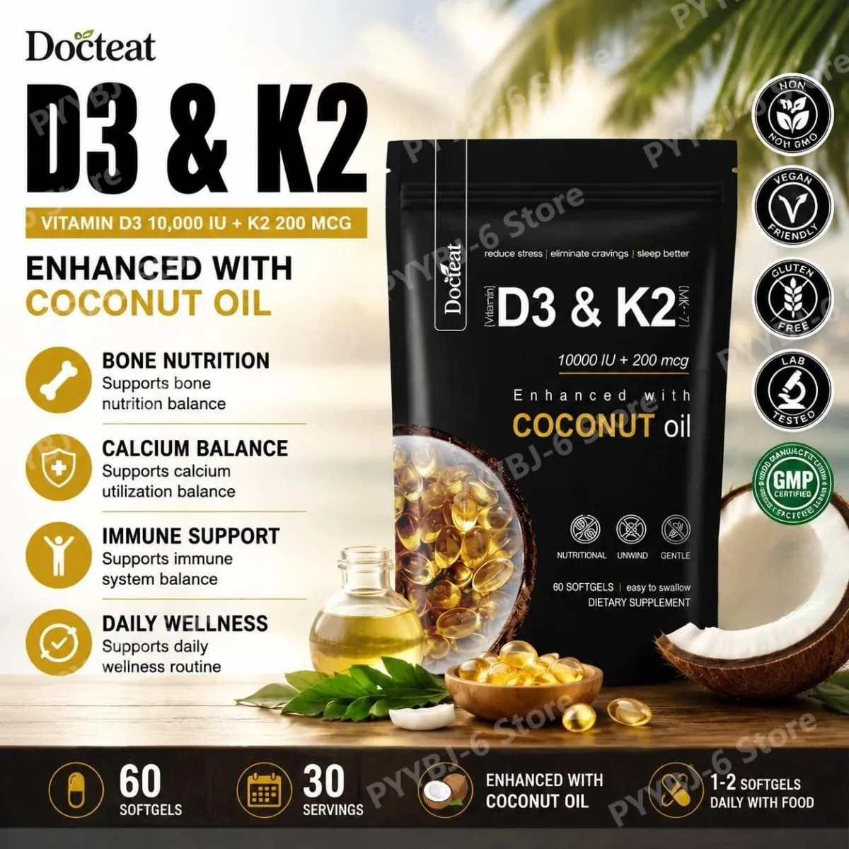 Docteat Vitamin D3 & K2 Softgels with Magnesium and Coconut Oil for Bone Nutrition Balance Immune System Balance - 60 Softgels — image 2