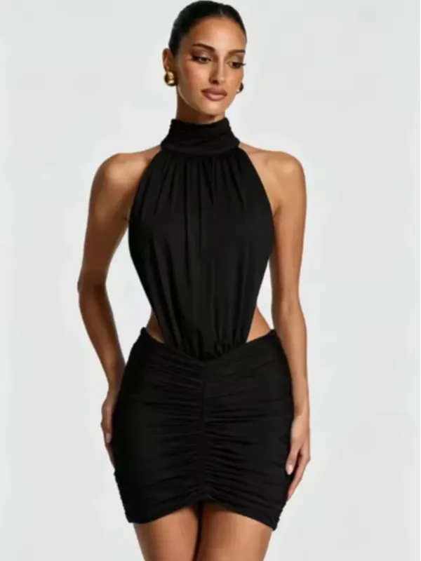 Chic Sleeveless Pleated Slim Mini Dress Women Sexy Solid Backless Hollow Out Round Collar Dresses Lady Evening Party Vestidos — image 12