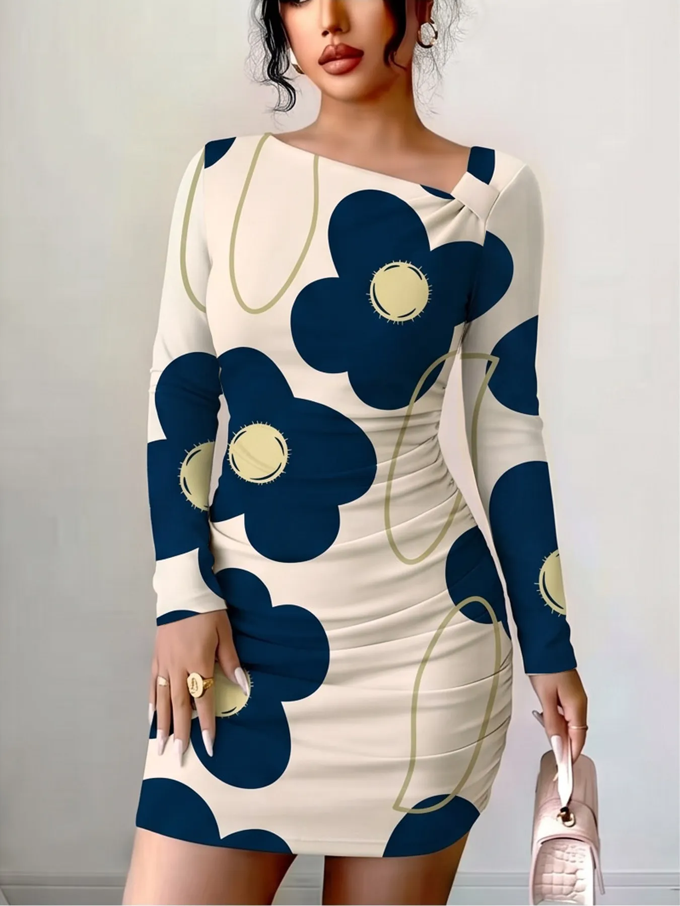 Women's Casual Comfortable Slanted Shoulder Collar Dress with Flower Print Long Sleeves Waist Bag Hip Mini Skirt Length — image 3