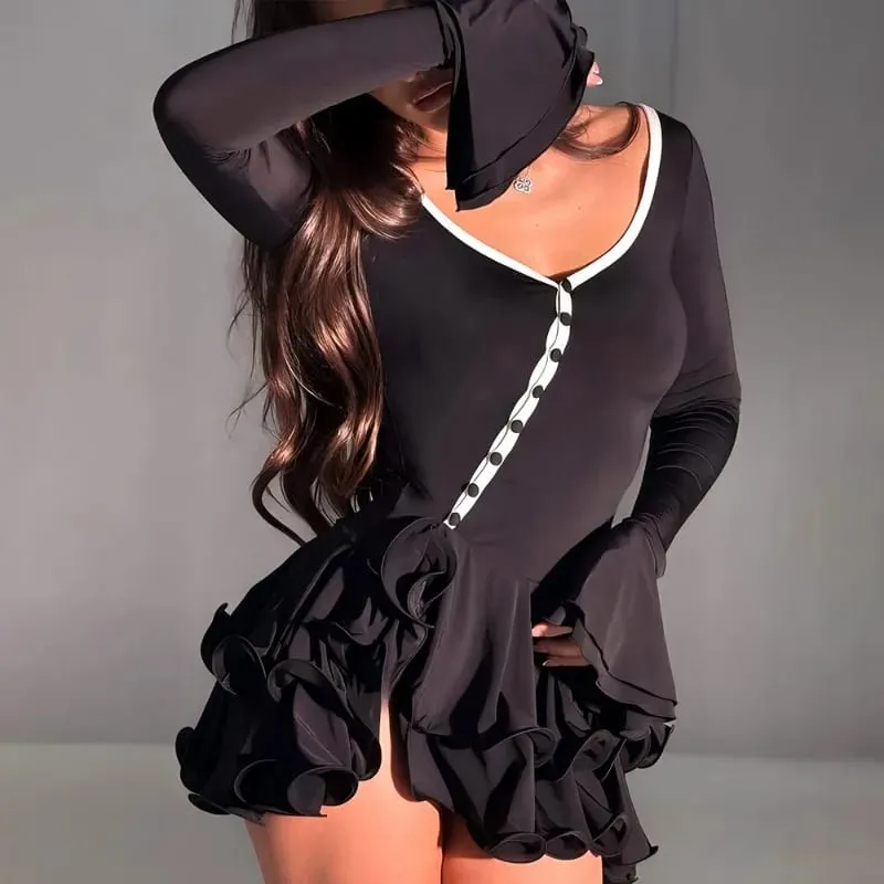 Sexy Petal Sleeve Waist Single Breasted Mini Dress For Women V Neck Ruffle Hem Asymmetrical Buttons Long Sleeve Dresses — image 6