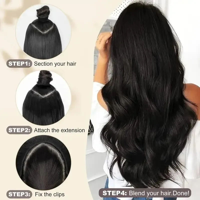 20Inch Synthetic Long Wavy Curly 4 Clip In Hair Extensions Heat Resistant Hairpiece Black One Piece Fake Hair For Women