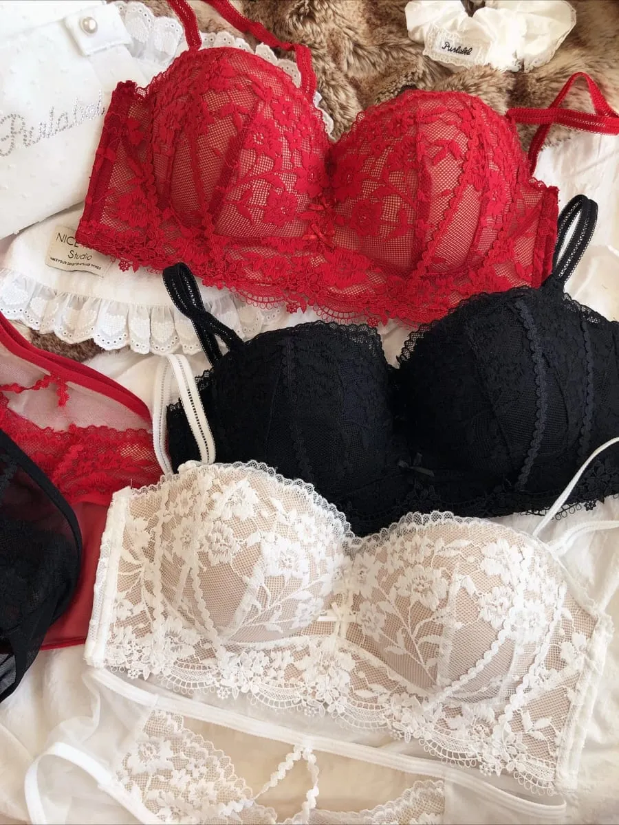 Women Seamless Underwear Set Sexy Lace Flowers Embroidery Bra Palapot 1/2 Cup Push Up Bras Detachable Strap Lingerie Panties Set — image 4