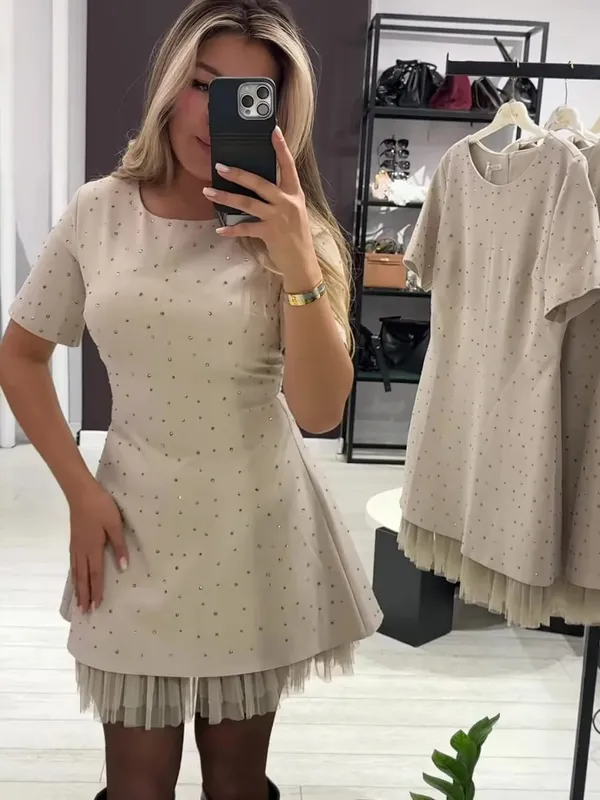 Elegant Casual Dress Spring Summer New Style Hot Rhinestone Hem Mesh Solid Fashion Dress Para sa Babae Short Sleeve Holiday Dress — image 9
