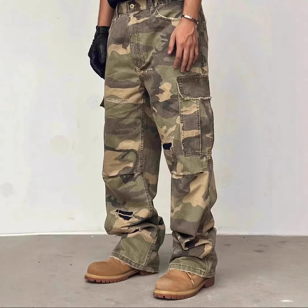 American Street Style Washed Camouflage Workwear Jeans Hole Straight Leg Spring Autumn Casual Cotton Trendy Long Pants