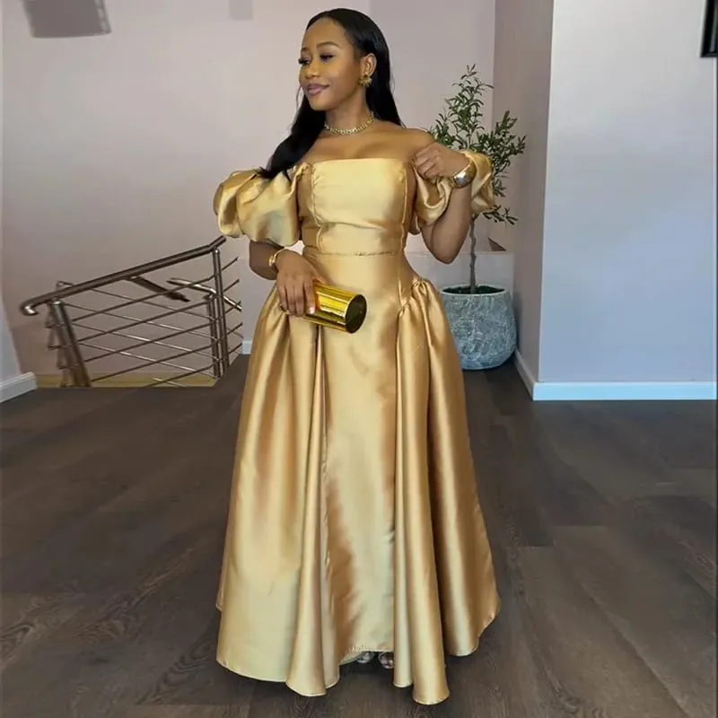 Elegant Dress for Women's Puff Sleeve Square Collar Gold Solid Pleated A-line Evening Party Cocktail Maxi Dresses — image 4
