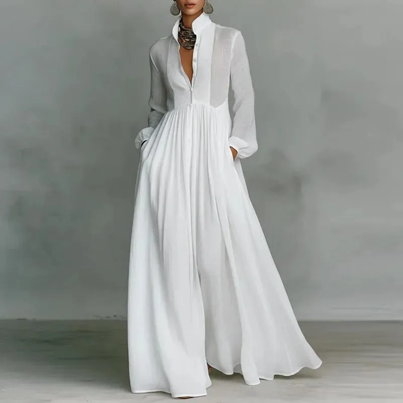 French Elegant High Waist Swing Long Dress Woman Spring Solid Pockets Pleated Maxi Dress Autumn Long Sleeve Button Evening Dress — image 7
