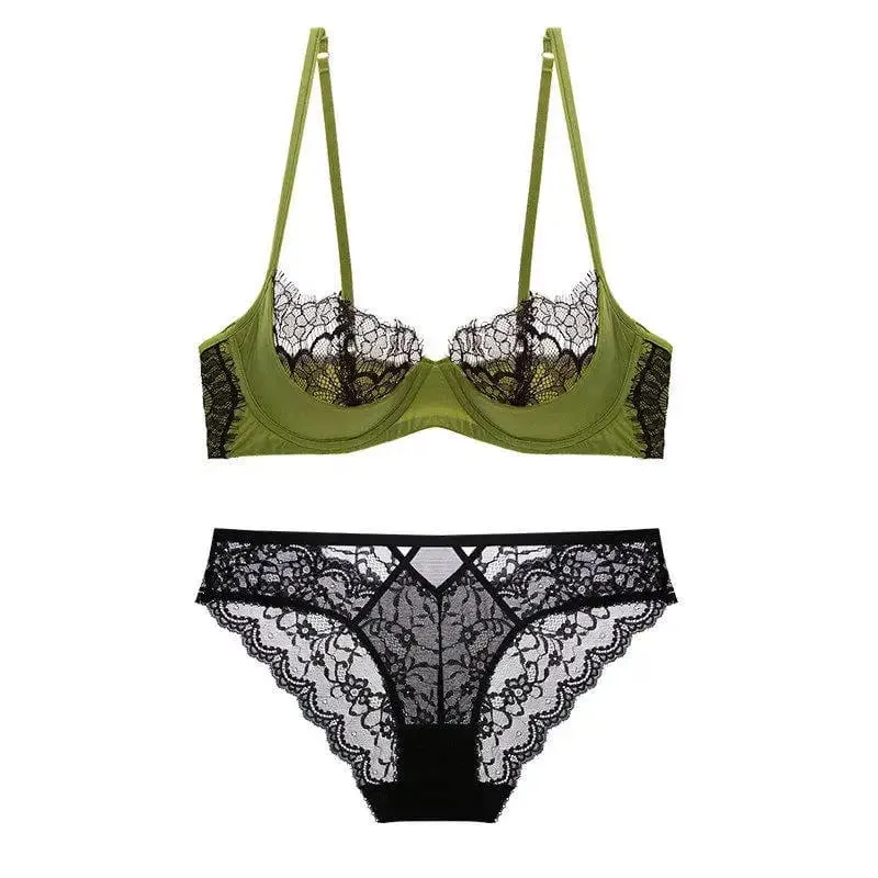 Conjunto de sutiã de renda transparente, plus size, meia xícara, ultra fino, minimizador, suporte de elevação, respirável, copo grande, conjunto de roupa íntima combinando — image 9