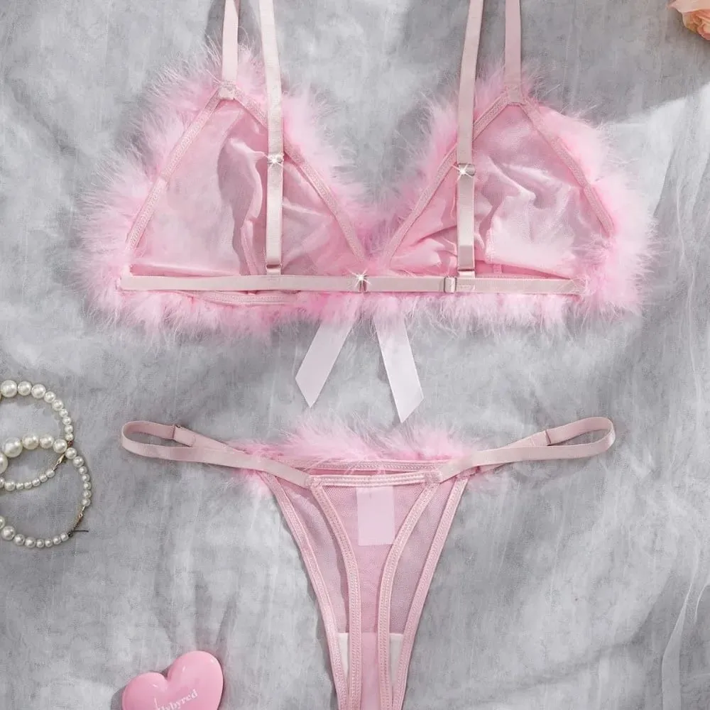Furry Women's Underwear Mesh Transparent Wireless Lingerie Set Bow Decor Romantic Intimate Bra Panties Suit Anniversary — image 2