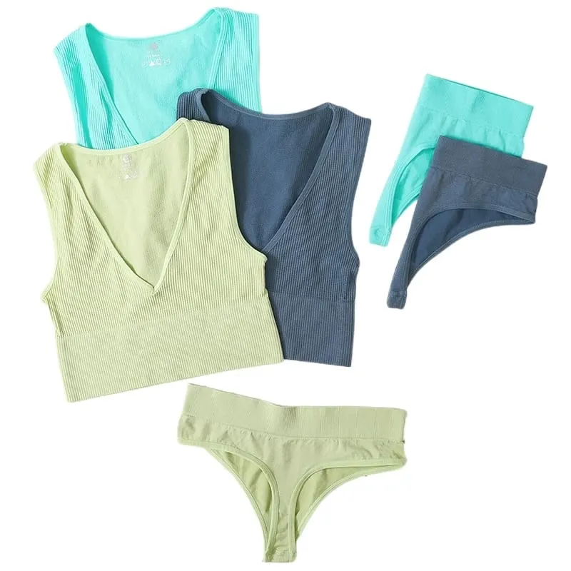 Sexiga kvinnor BH Set Sömlösa underkläder Strings med hög midja Mode Bralette Ribbade toppar BH Basic Crop Top Damunderkläder — image 2