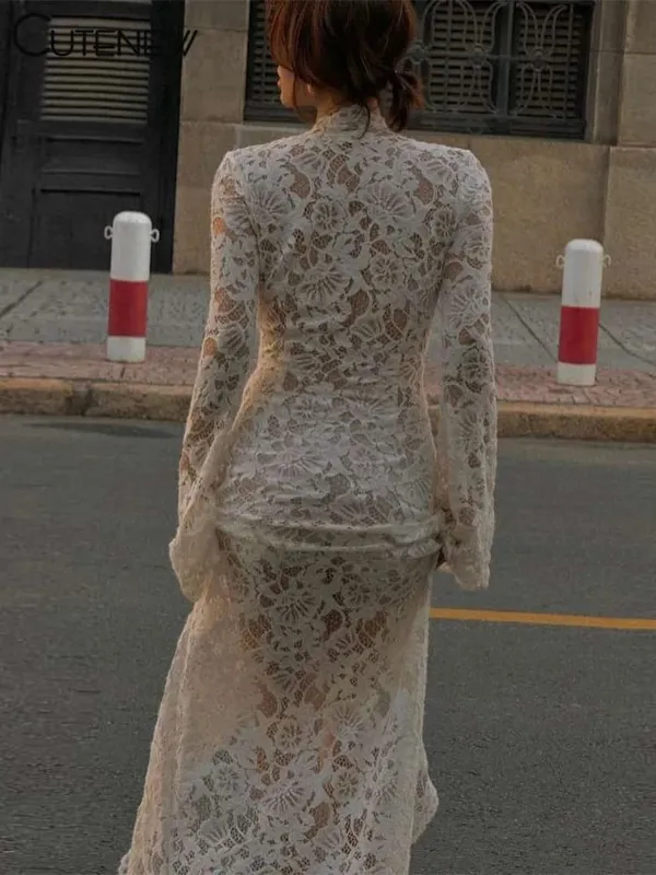 Cutenew Kant Sheer Vrouwen Maxi Jurk Sexy Solid Fashion Lange Mouw O-hals Bandage Schede Vestidos Vrouwelijke Prachtige Nightout Gewaad — image 3