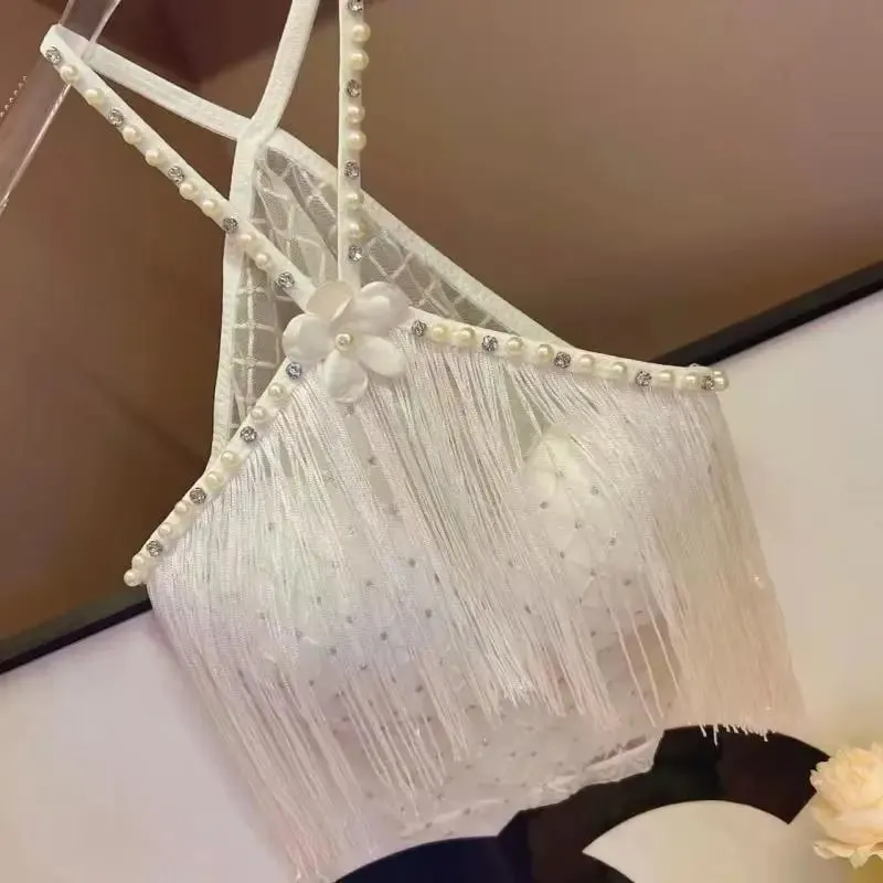 Decorative Halter Top with Padded Cups Long Tassel Pearl Sparkling Diamond Retro Millennial Style Sexy Halter — image 9