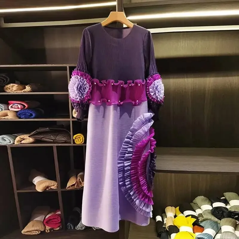 Rakott nyakkendő virág hosszú ujjú női ruha elegáns új bő színes blokk patchwork design gyöngyfűzés női ruházat 2DB6651 — image 3