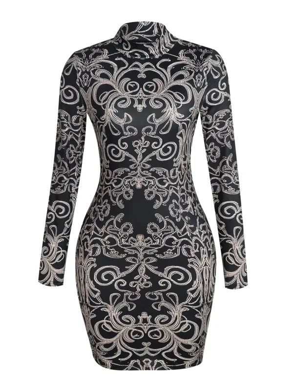 Women's Spring Summer Black Metallic Baroque Print Mock Neck Long Sleeve Bodycon Mini Party Dress