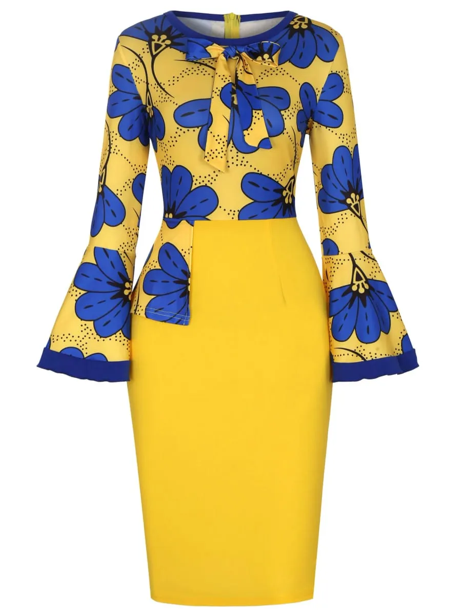 Women Long Sleeves Ethnic Floral Print Round Neck Autumn Knee Length Bodycon Dress Fashion Casual Commuter Party Pencil Dress — image 5