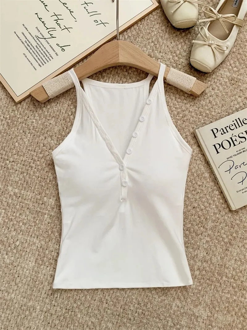 zjaiss Fashion Slim Fit Tank Top 2026 Summer V-neck Button Women Cami With Built-in Bra Pad Casual Basic Inner Top