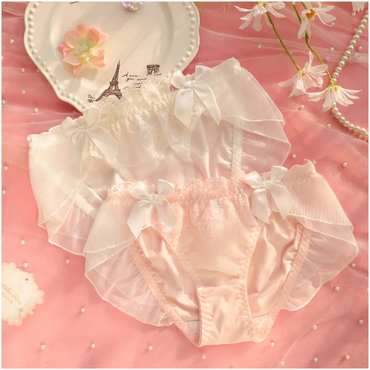Pagbuburda manipis na seksyon ruffled underwear girls sweet and lovely lingerie breifs sets tatlong buckle gathered ladies bra set — image 6
