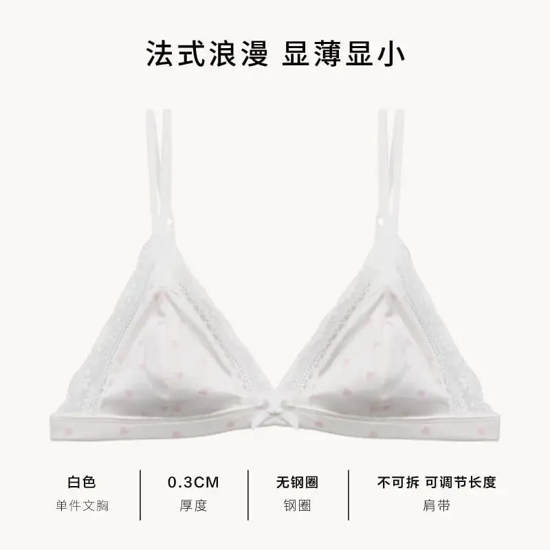 Elegant French Sweet Satin Lace Triangle Bra Pure Sexy Coquette Look Wirefree Small Bust Gathered Effect Thin Cup Bow Lingerie — image 11
