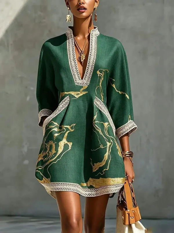 B Elegant Mini Dress for Women Fashion Lace Trim V Neck Abstract Print 3/4 Sleeve Pocket Dress Casual Commuting Vacation Dresses — image 5