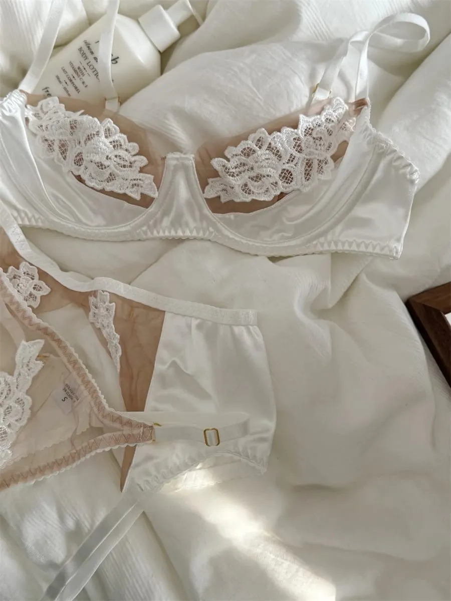 Broderade blommor underkläder tredelade underkläder tunna behåar andas topp push up kvinnor stor storlek BH set — image 5