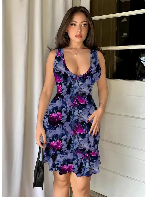 Gradient Floral Sleeveless Deep V Bodycon Dress with Ruffle Hem Sexy Fitted Waist Evening Wear Wrinkle-Resistant Polyester
