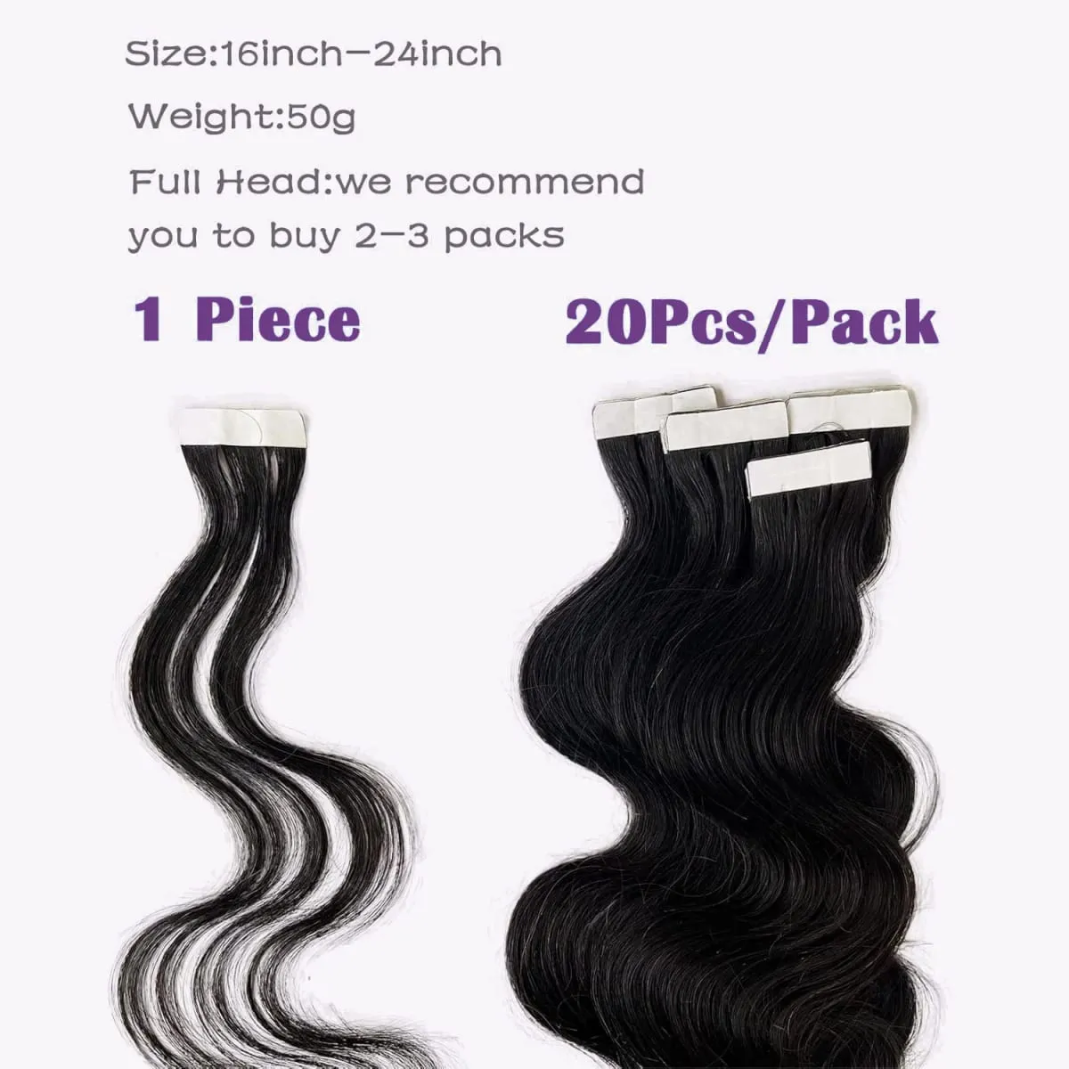 Tape In Hair Extensions Human Hair Body Wave Natural Black Real Human Hair Extensions Tape Ins 20Pcs/Pack Double Sided Tape Hair