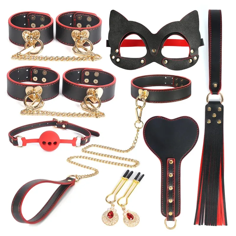 Conjunto de roleplay de escravo, algemas de couro, tornozelo, máscara de mordaça, chicote, coleira, brinquedos sexuais para mulheres, casais, kit de bondage bdsm