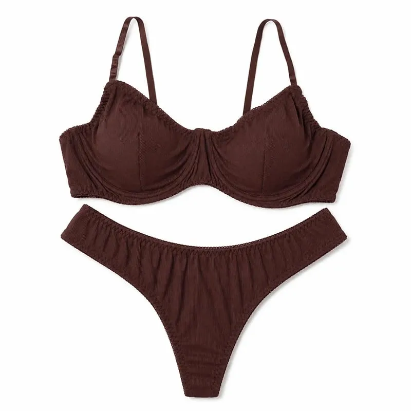 Conjunto de lingerie feminina sólida com nervuras, sutiã com copo fino, tanga de cintura baixa, macio, íntimo diário — image 11