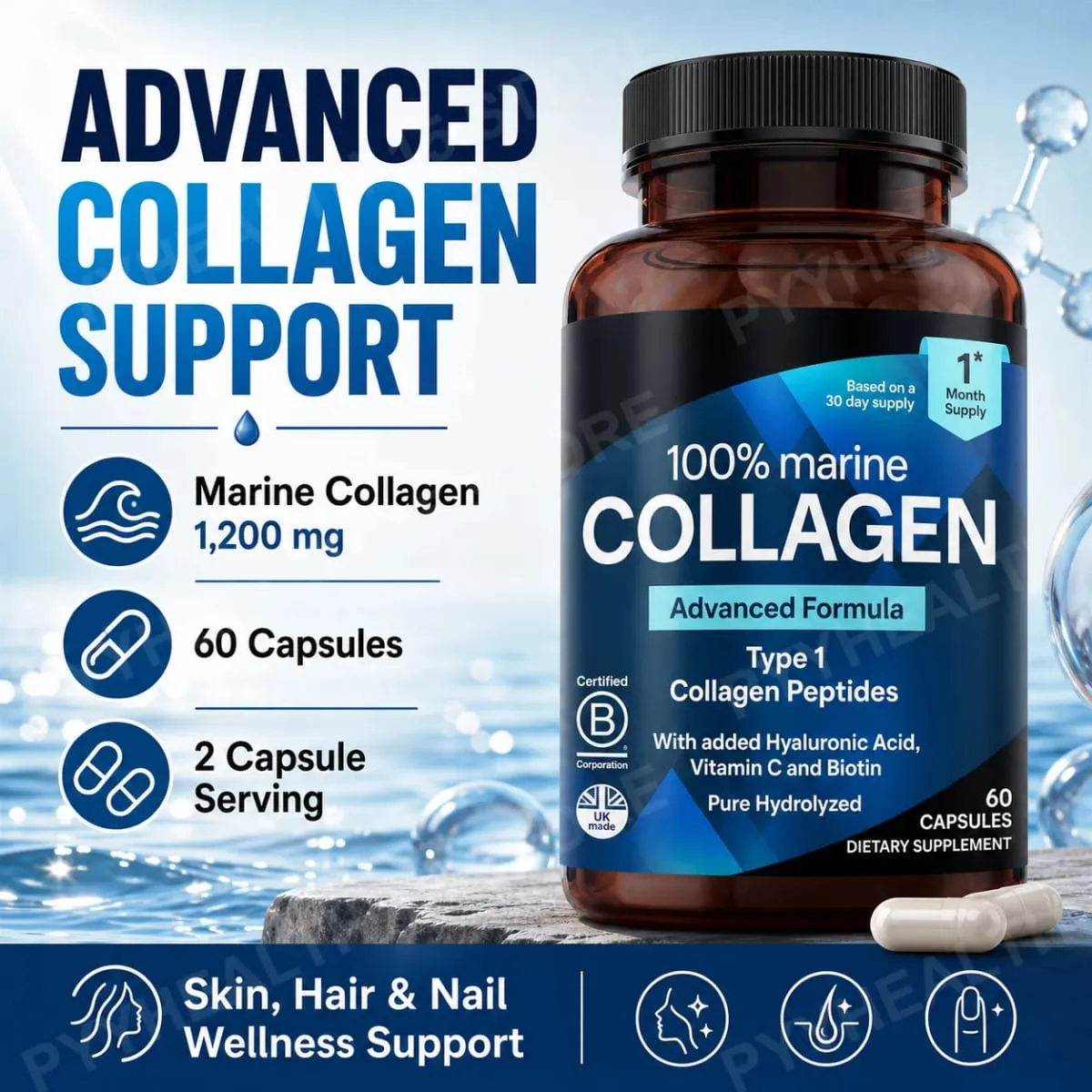 Marine Collagen Capsules for Women & Men Type I Peptides with Hyaluronic Acid Vitamin C & Biotin Beauty Glow Nails 60 Count — image 1