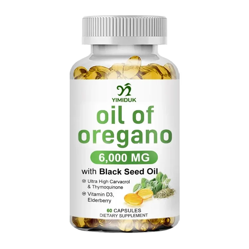 Óleo de orégano + com óleo de semente preta e sabugueiro + vitamina D3 suporta antioxidante e saúde da pele, sistema antibacteriano e imunológico