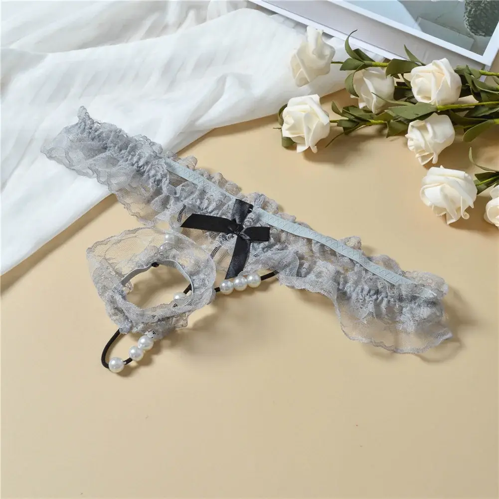 Men Lace T-Back Underwear Bow Elastic Waist G-String Pearl Lingeries For Man Sissy Panties Sexy Accessories Thongs Men's Panties