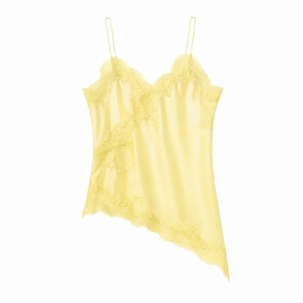 Elegant asymmetrisk spets spets patchwork topp ärmlös rygglös camisole toppar V-hals Sexig spets dam linne sommarkläder